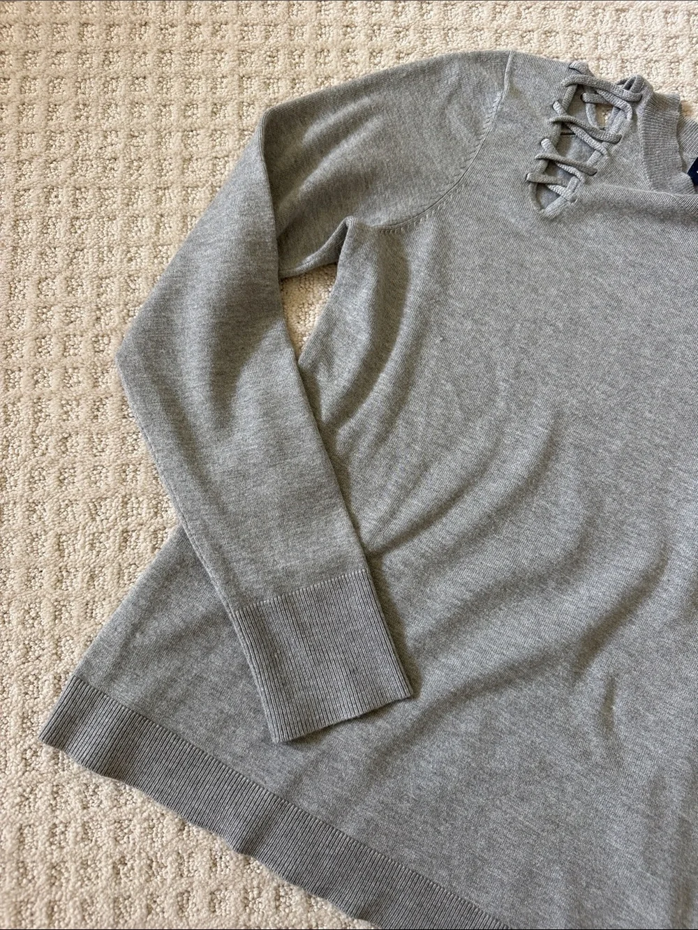 525 America Light Gray Lace-Up Shoulder Crewneck Sweater- CLOSET CLEAR OUT